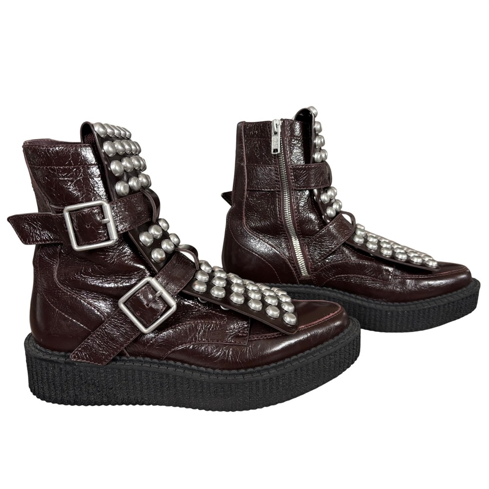 Marc Jacobs Studded Combat Creeper Boots Sz 37 (7) Brown Wine‎ Leather 90s Punk